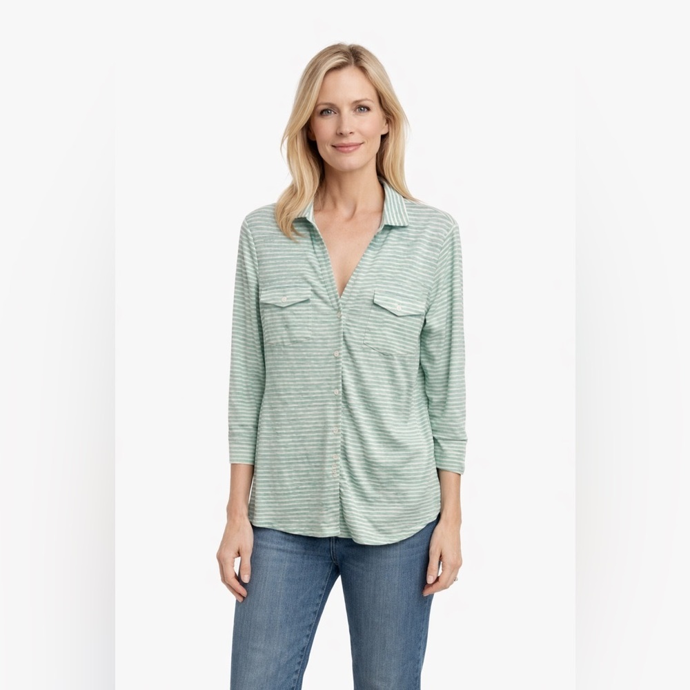 J. McLaughlin Brynn Linen Knit Top Blue Striped Button Shirt Size M 3/4 Sleeve